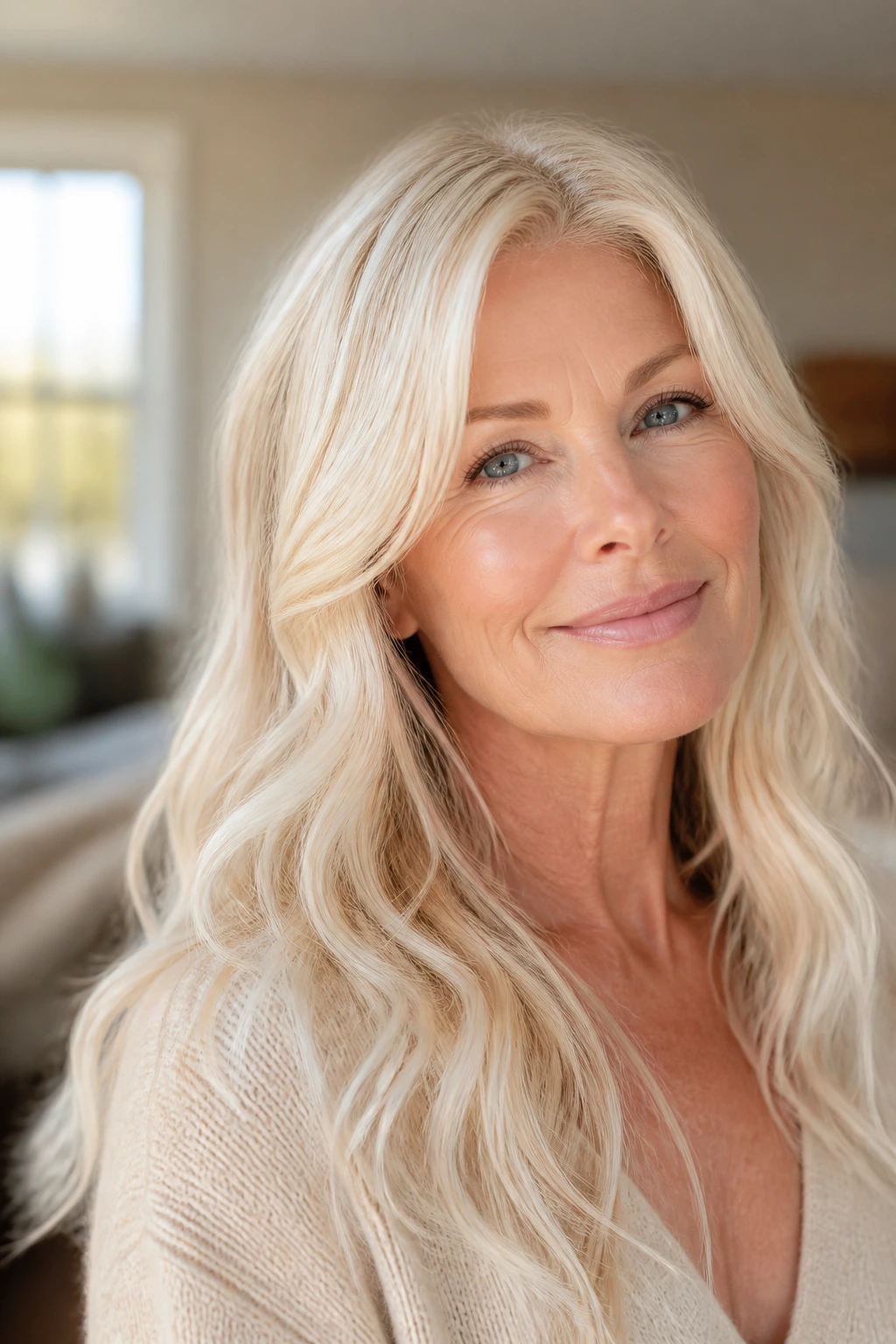 Close-up portrait of a real woman with vanilla cream blonde hair in warm indoor light