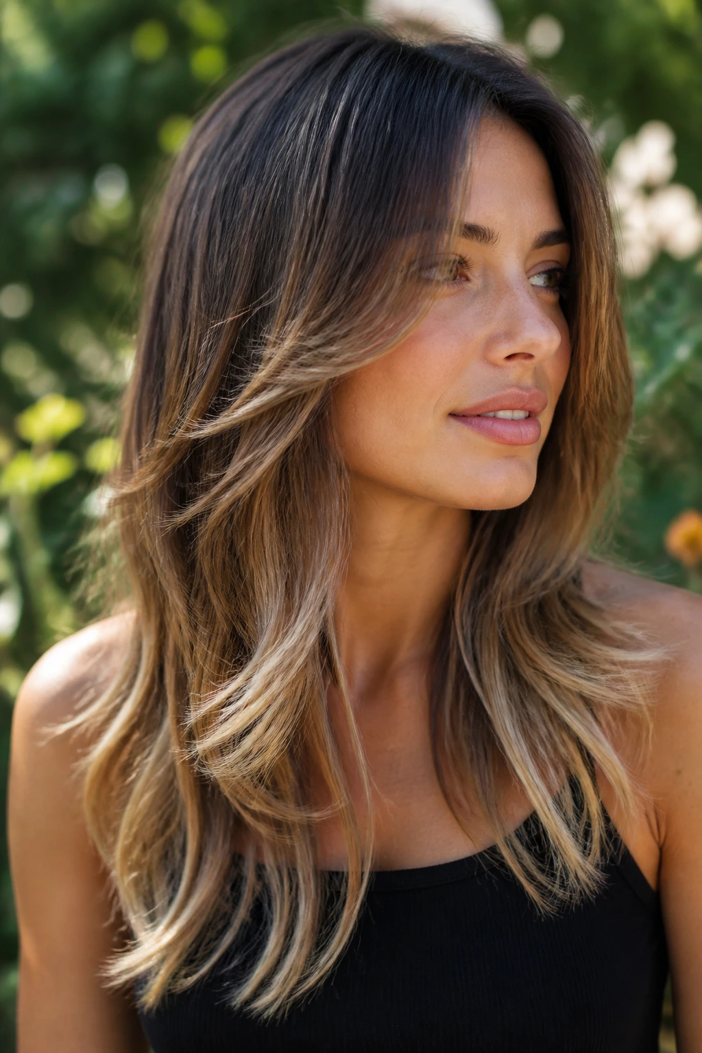 Close-up of layered hair with vanilla cream tips on the ends