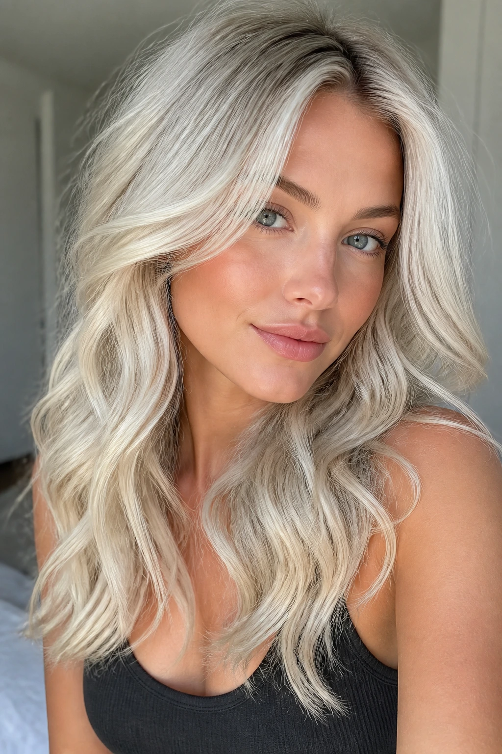 Close-up of a real woman with Vanilla Ice Blonde hair, deeper root and soft, bright tones.