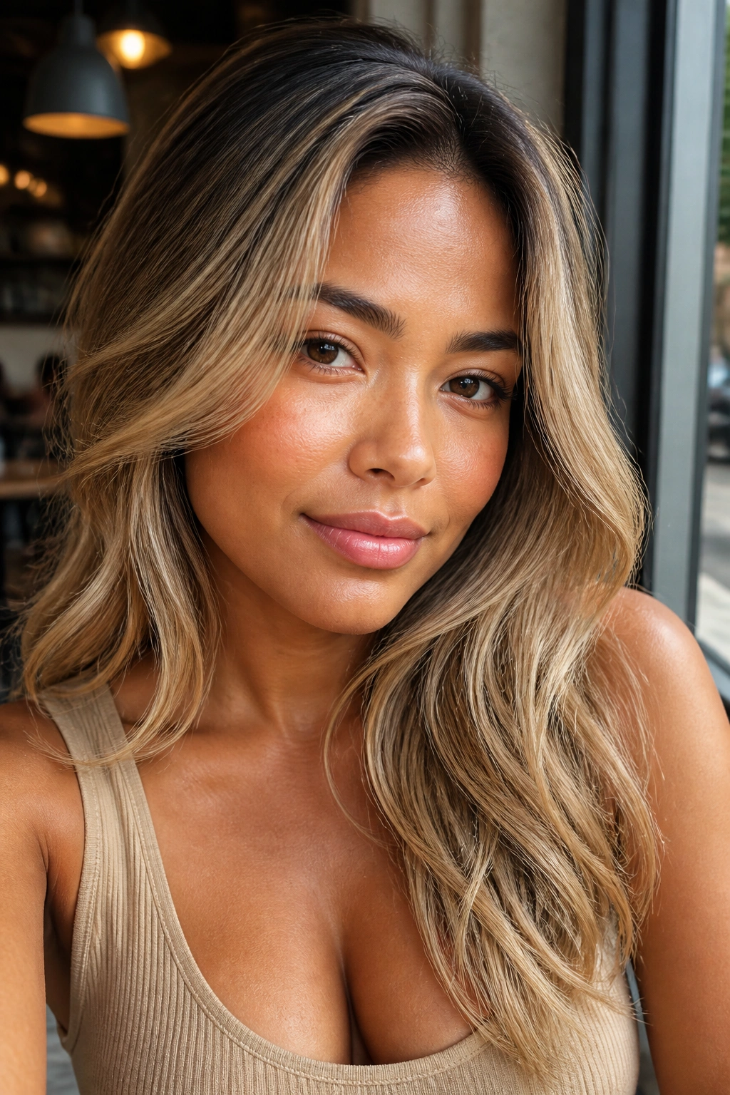Close-up portrait of a real woman with vanilla latte blonde hair in a cafe setting