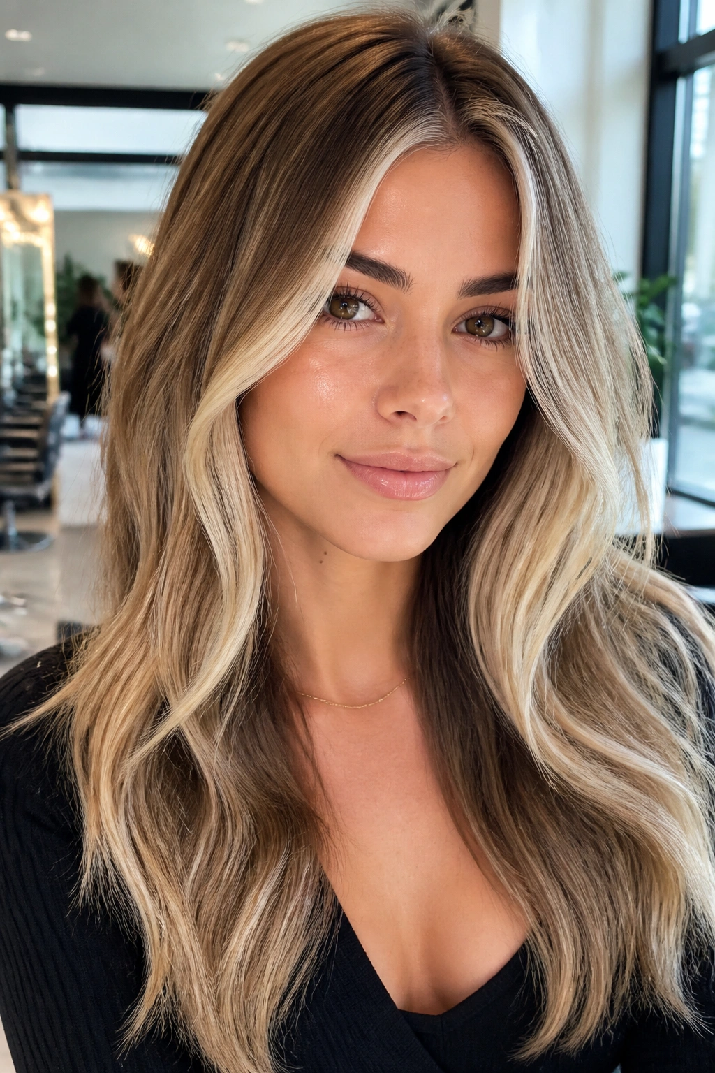 Close-up of a real woman with vanilla money-piece blonde framing the face