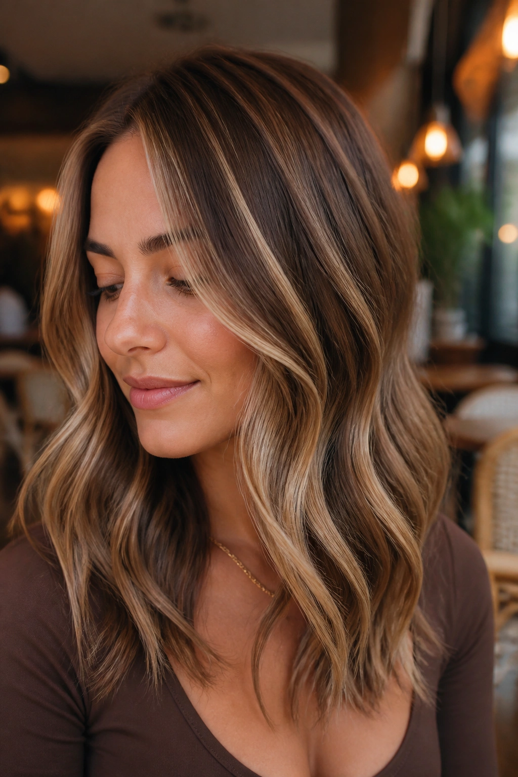 Close-up of a real woman with vanilla ribbon highlights woven through medium brown hair.