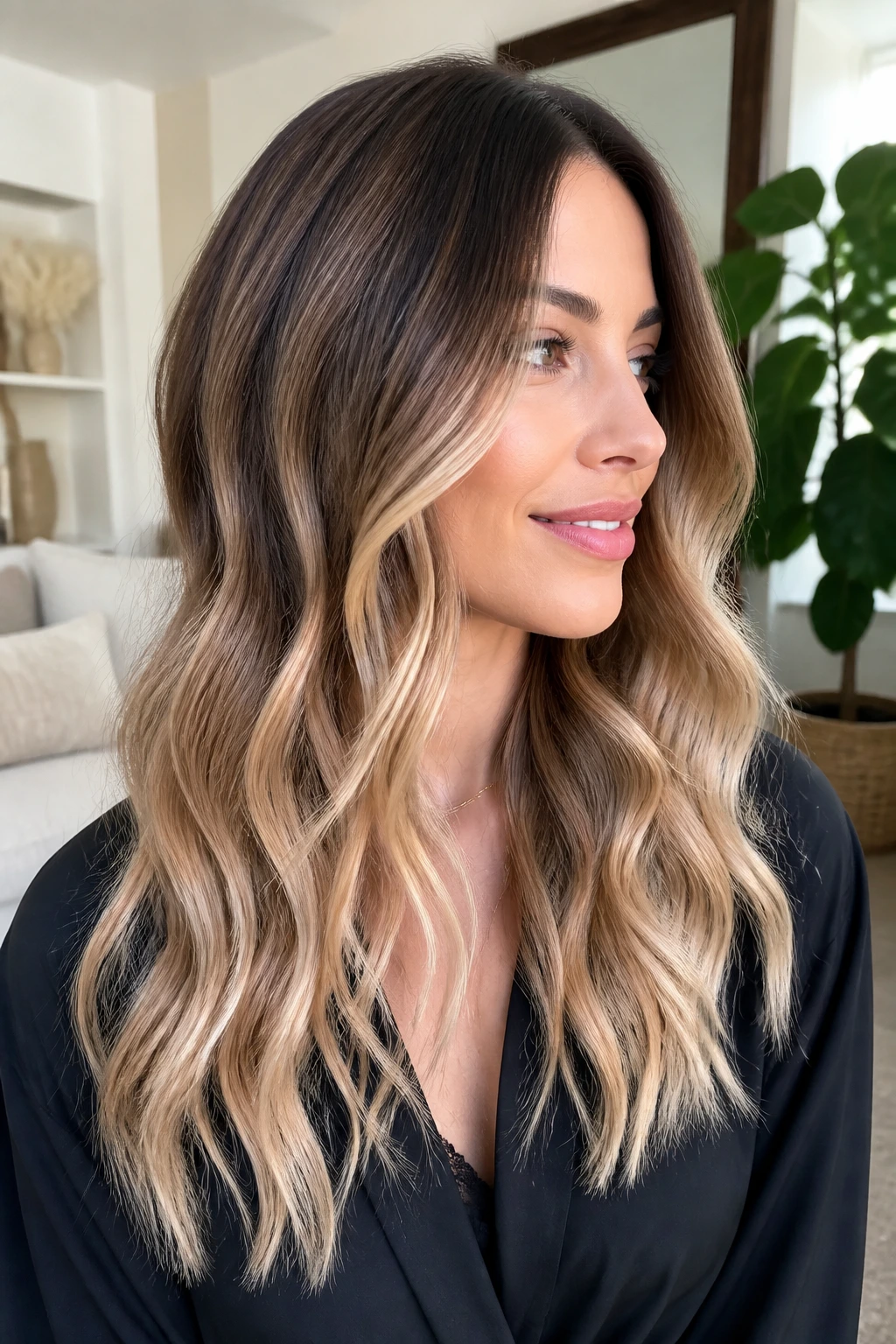 Close-up of medium brunette with vanilla root melt balayage.