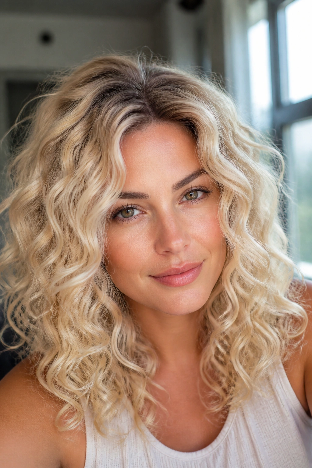 Close-up of real woman with vanilla root shadow on pale blonde curls