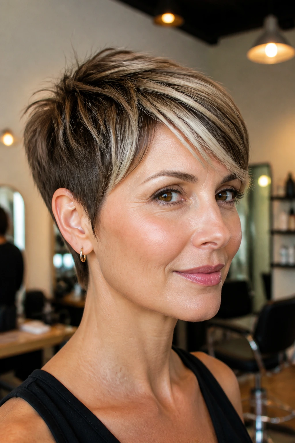 Close-up of a real person with a pixie haircut and vanilla streaks near the fringe