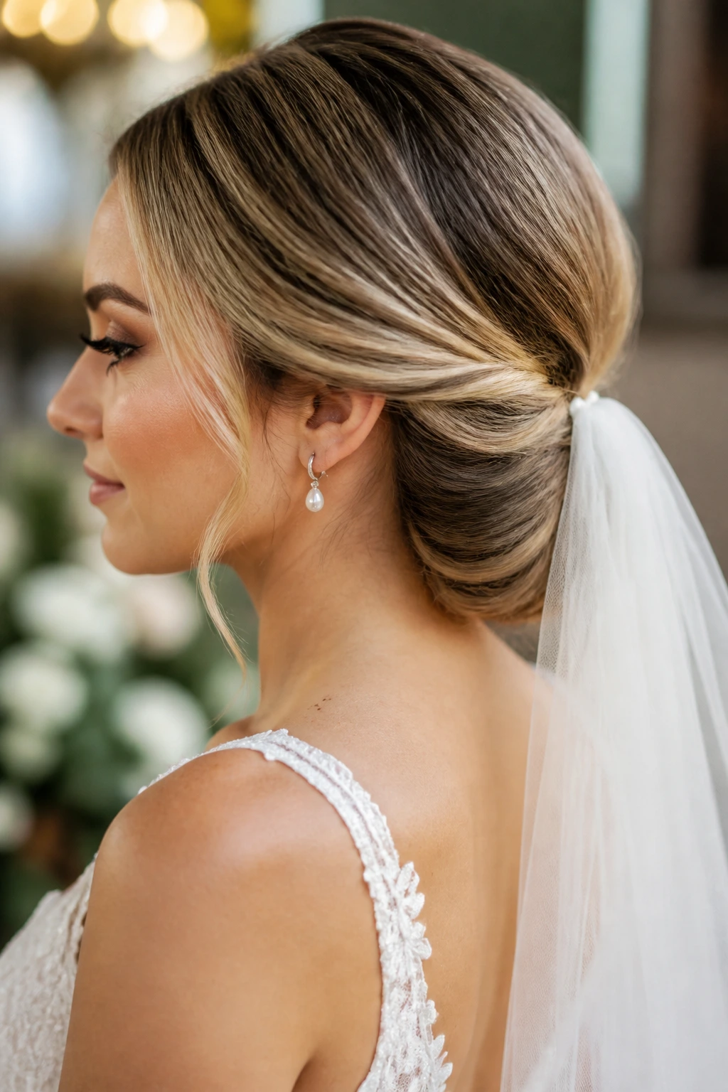 Close-up of a real bride with a veil-friendly low twist