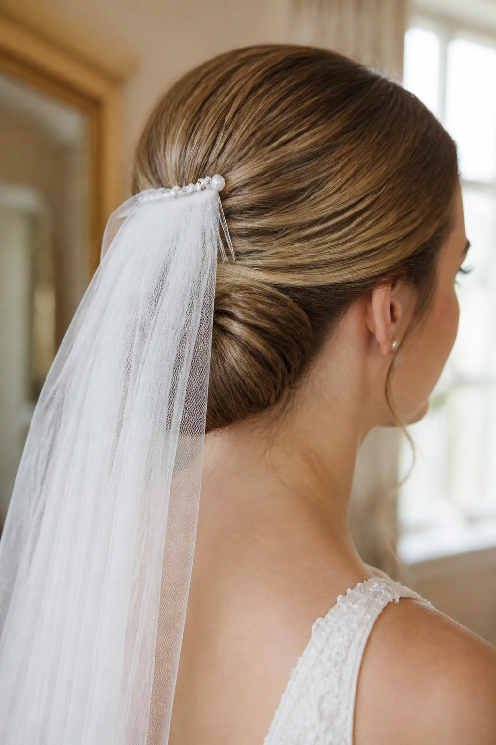 Close-up of a real bride in a veil-friendly low tucked roll hairstyle at the nape with veil secured