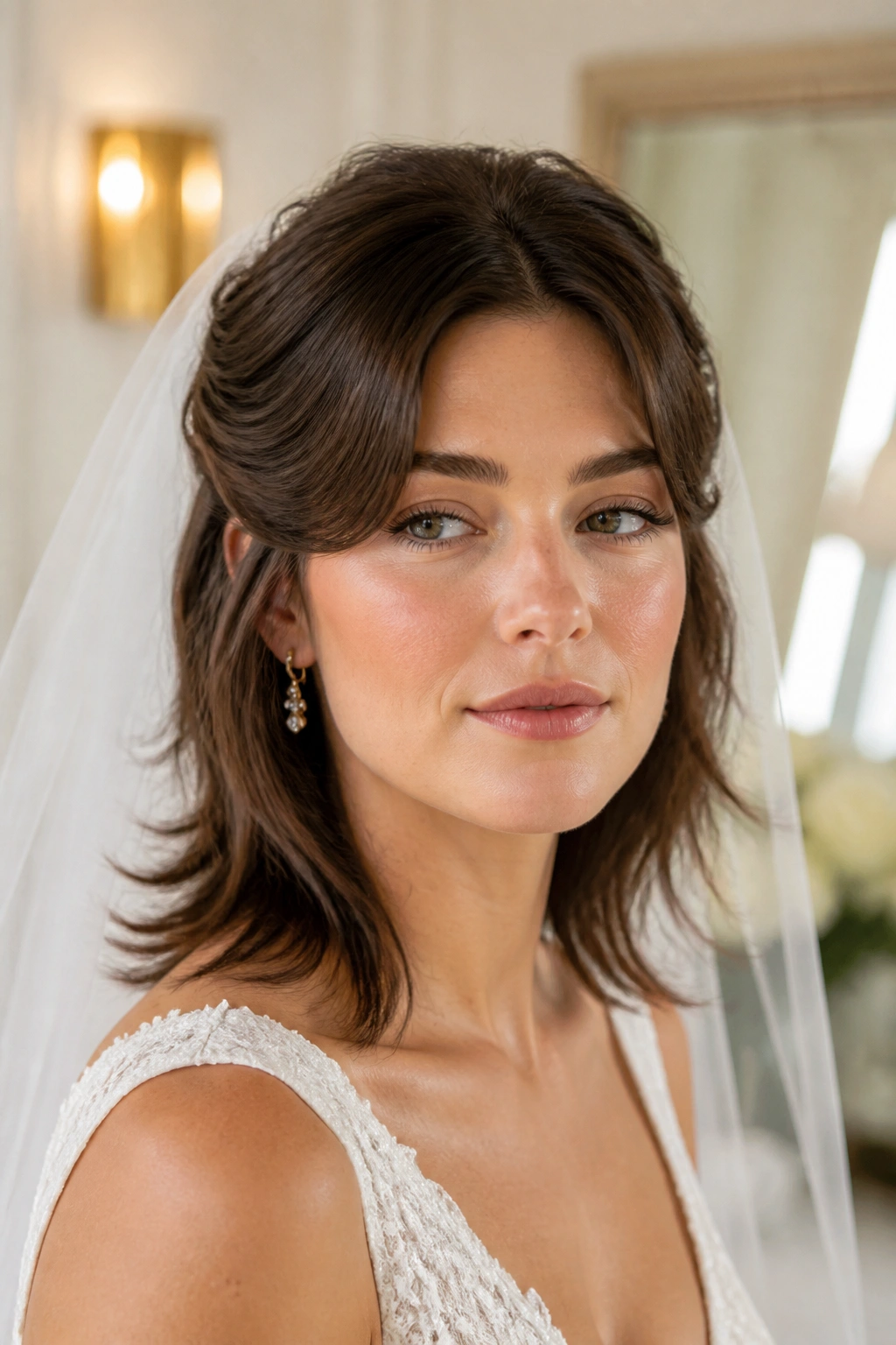 Wolf cut with veil tucked sides in a bridal suite