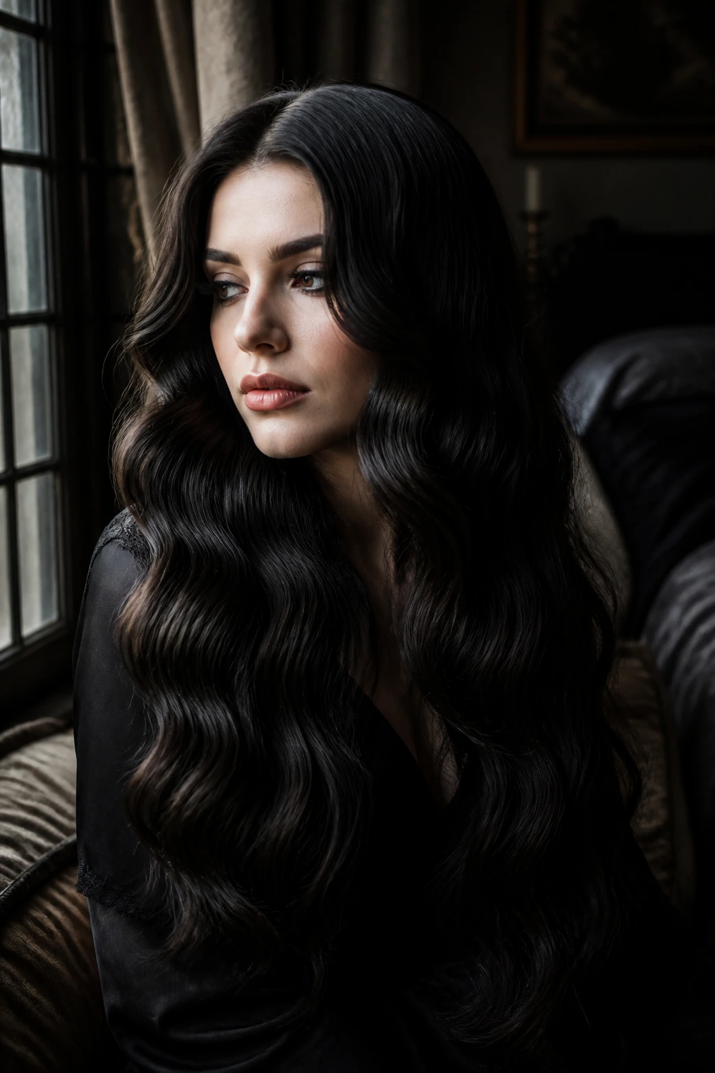 Portrait of a real person with long veil waves in gothic styling.