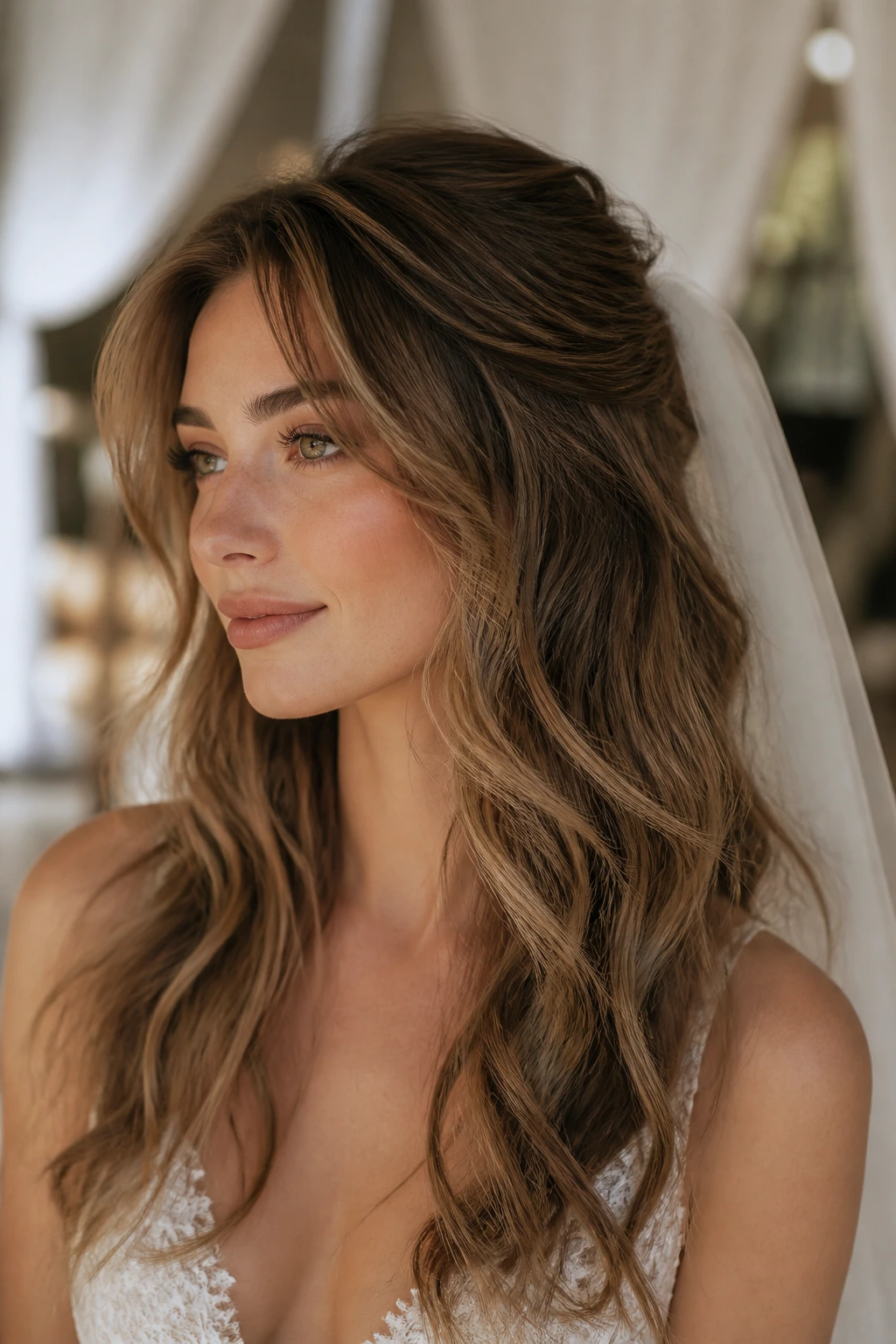 Bride with long wolf cut and veil anchored behind hairline