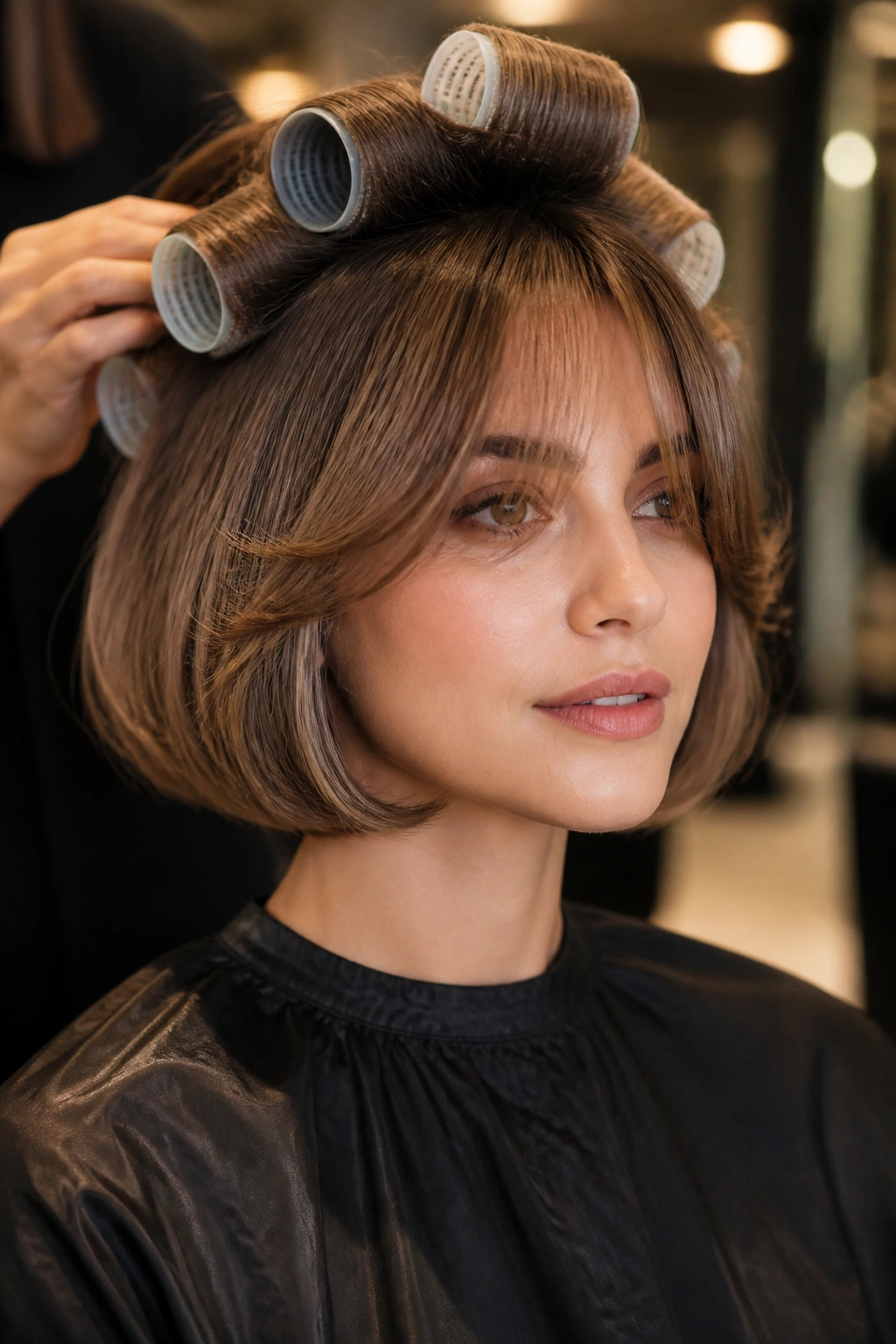 Close-up of a real woman with Velcro-Roller French Bob and rounded blowout in warm salon light