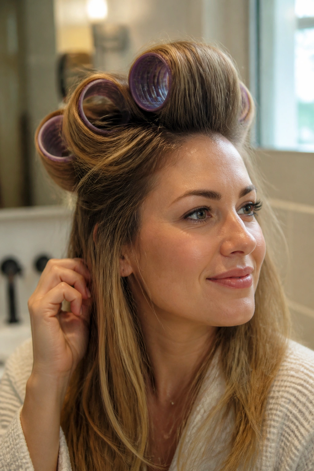Close-up portrait of woman with Velcro rollers visible at crown for lift