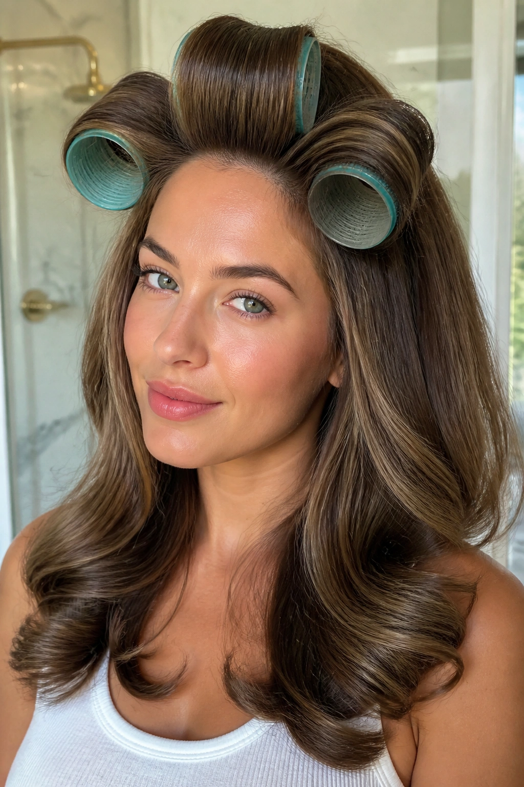 Portrait of a woman with Velcro roller blowout curls
