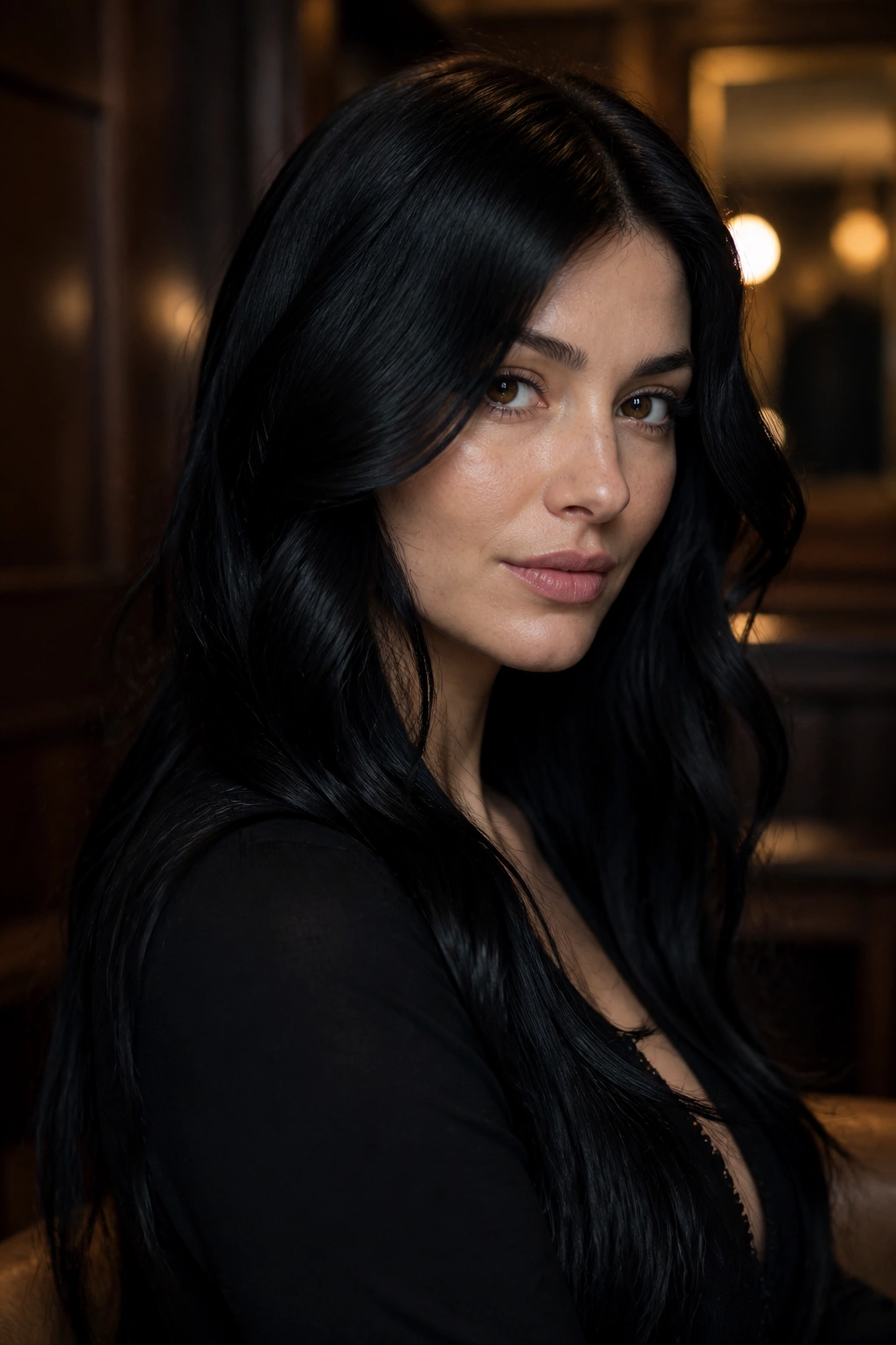 Close-up of a real woman with velvet black hair and glossy shine