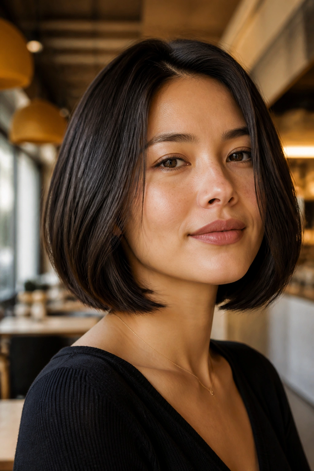 Close-up of a real woman's velvet black-brown bob with glossy shine