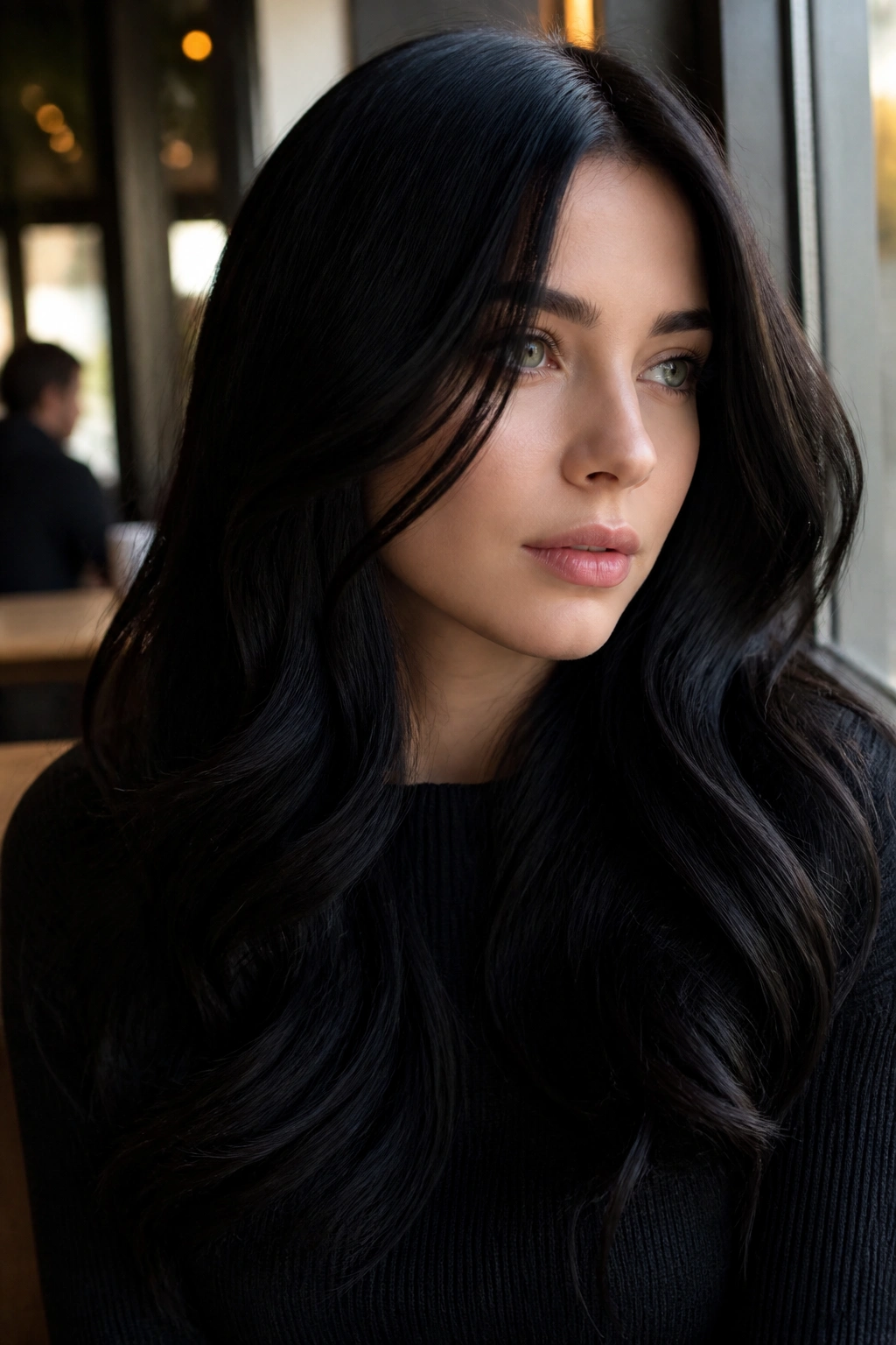 Close-up portrait of a real woman with Velvet Black glossy hair in a cafe setting
