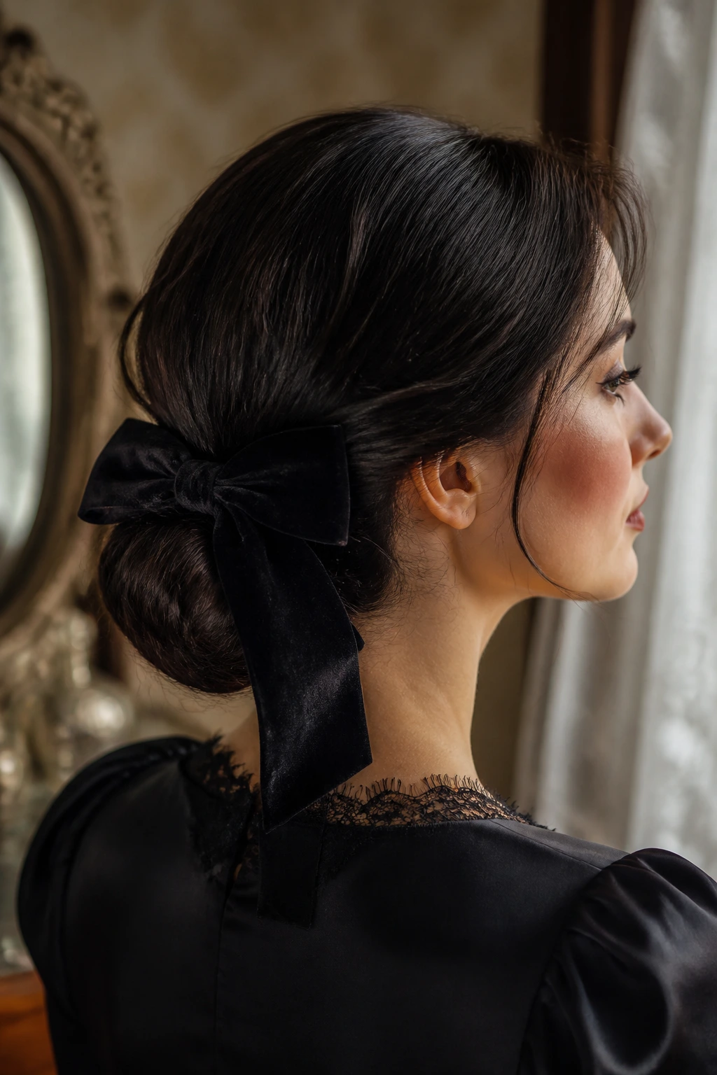 Close-up of a real woman with a velvet bow chignon at the base of a bun