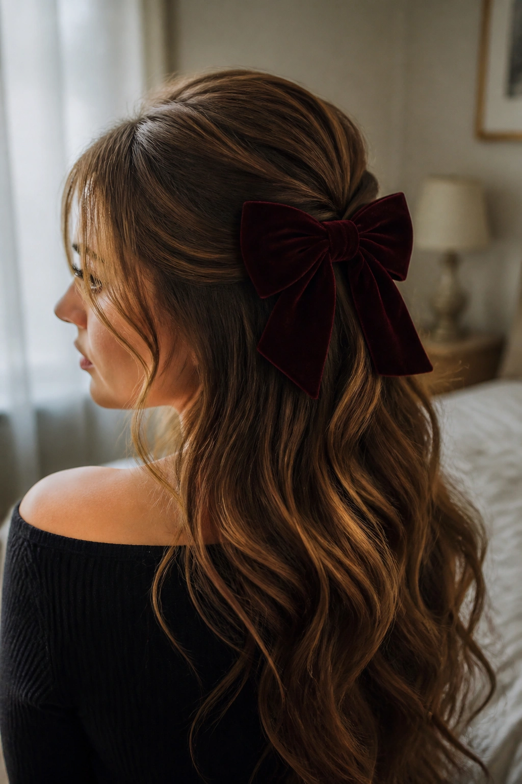 Close-up portrait of a real woman wearing Velvet Bow Half-Up with a plush velvet bow and loose waves