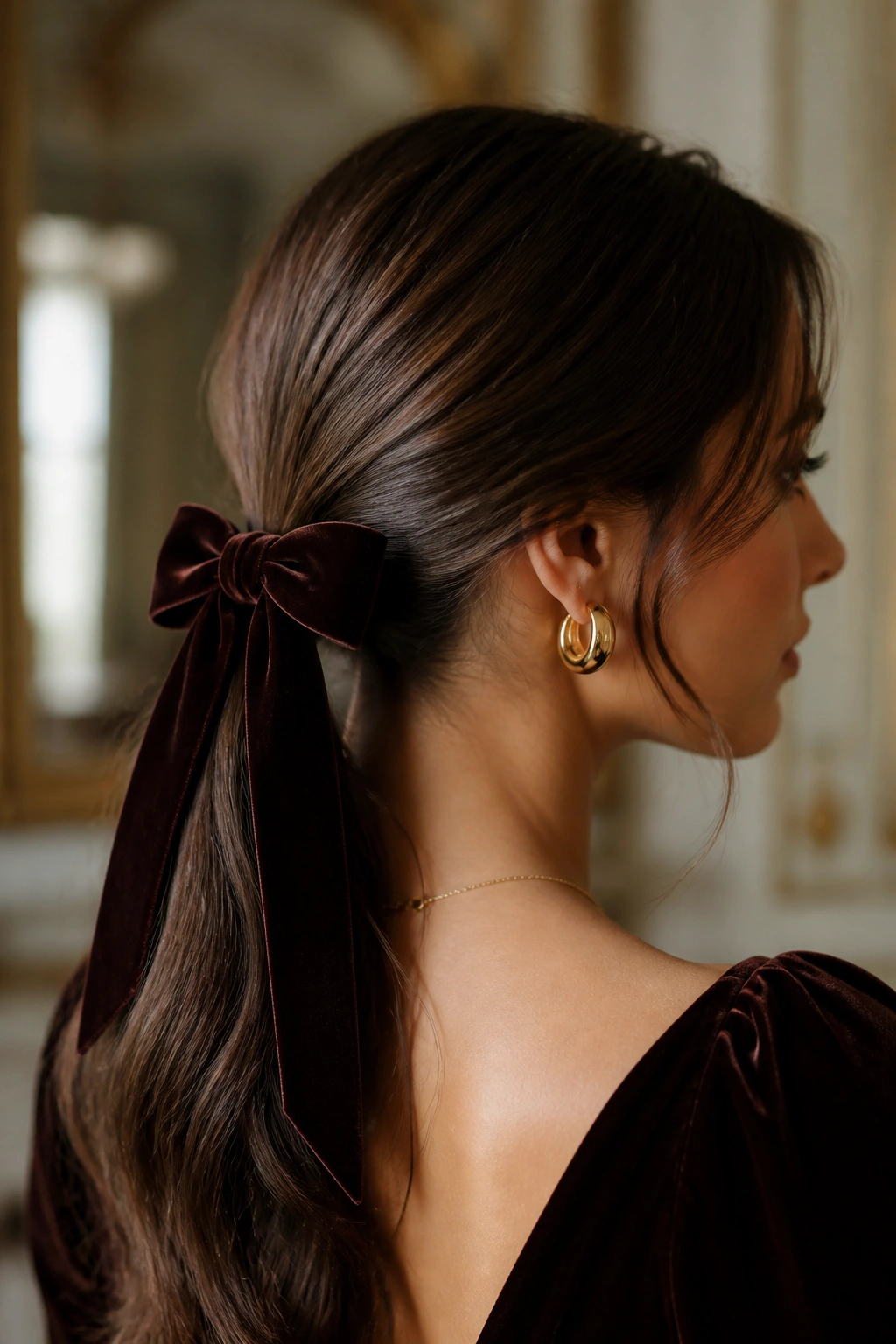 Close-up portrait of a real woman with a velvet-bow wrapped ponytail