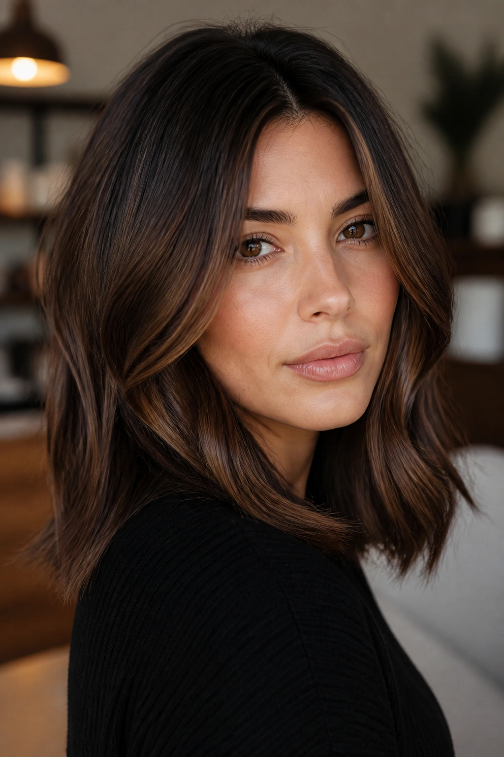 Close-up of a real woman with velvet brunette hair and soft babylights