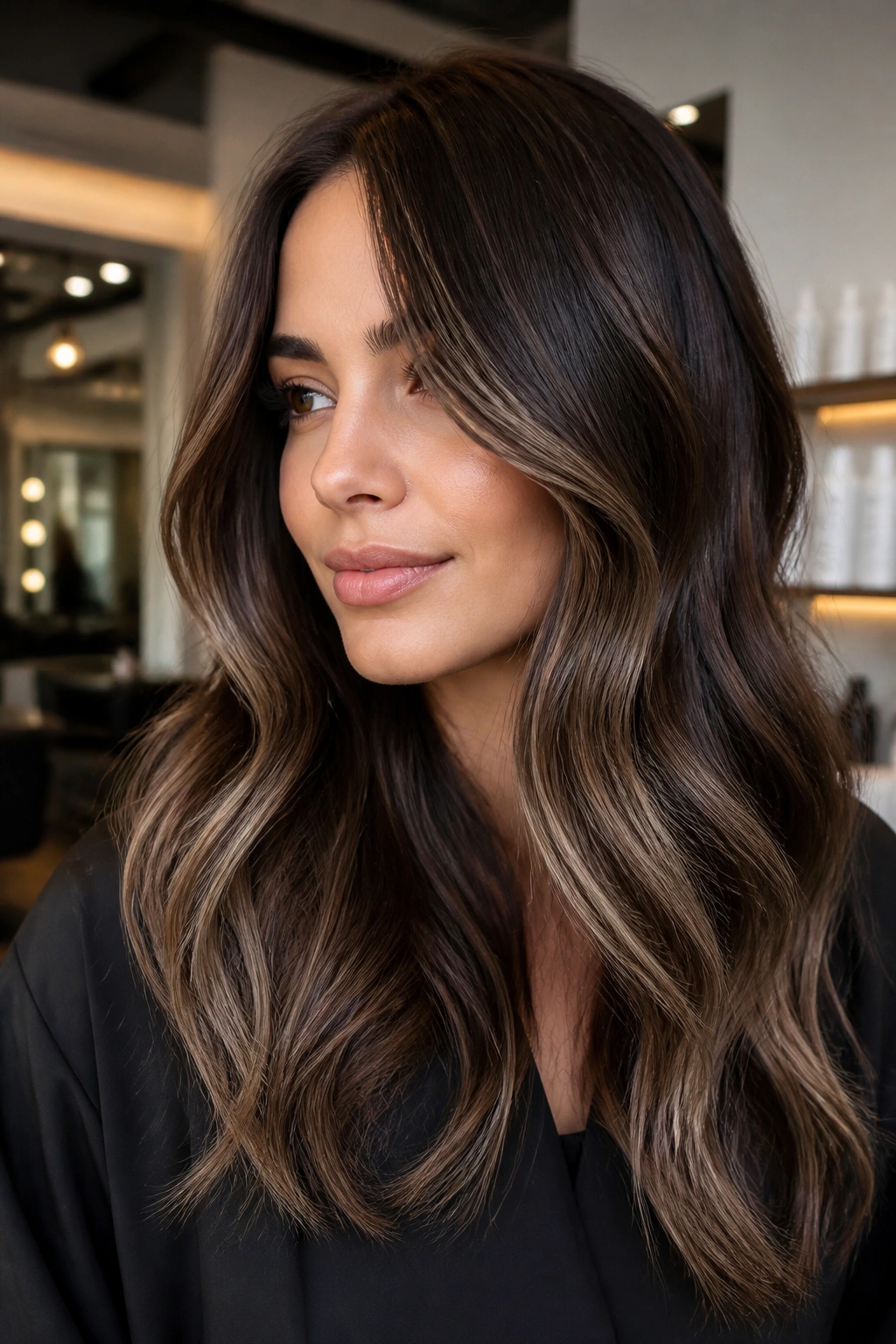 Close-up of Velvet Mocha Balayage on a real person with a deep mocha base and beige ribbons.