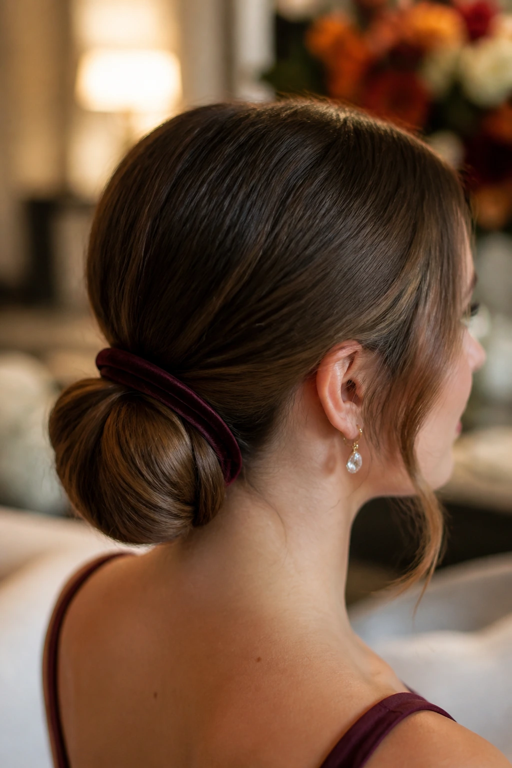 Real woman wearing a velvet ribbon wrapped bun in a bridal suite