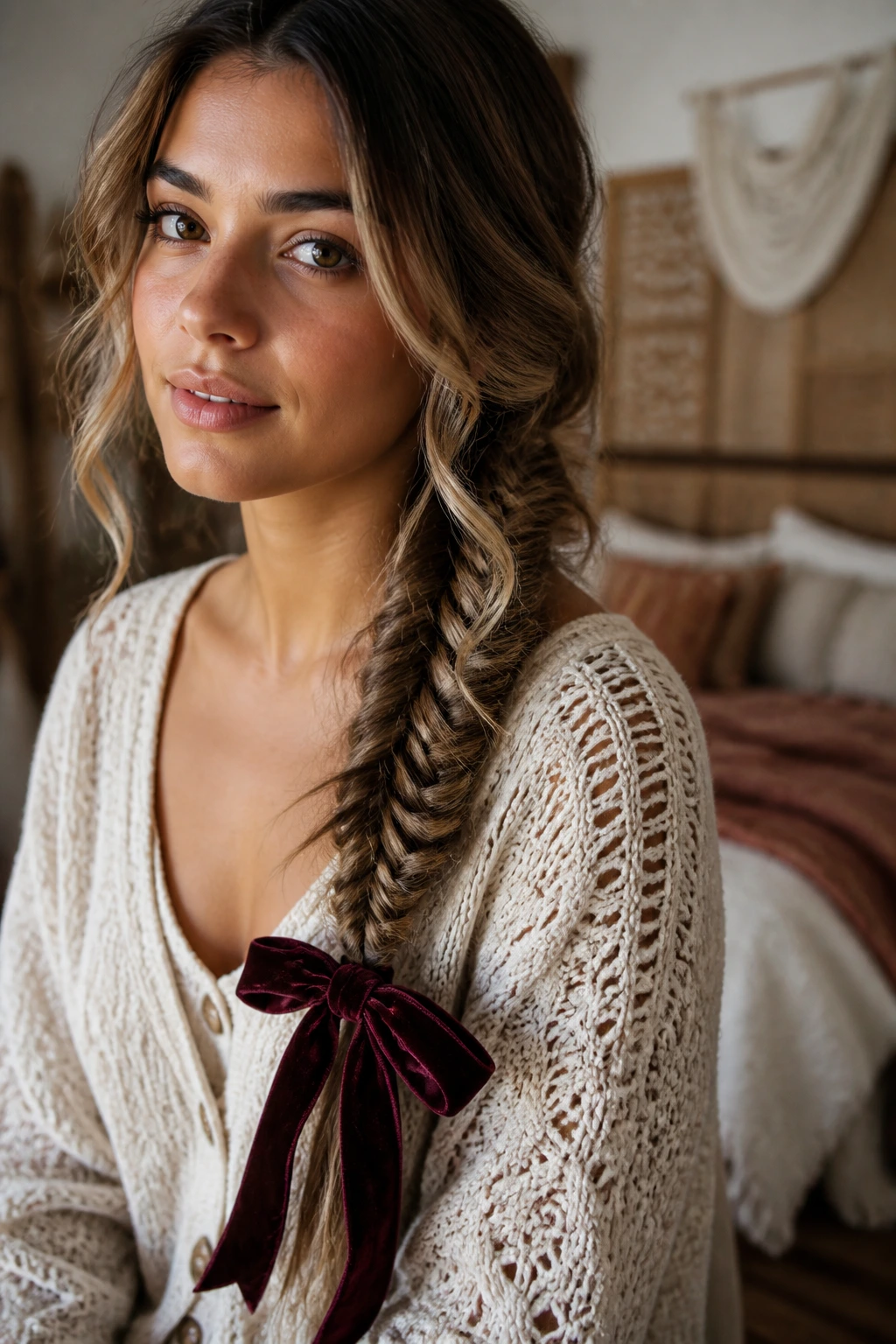 Close-up of a real woman's fishtail braid with velvet ribbon tie, warm boho bedroom lighting