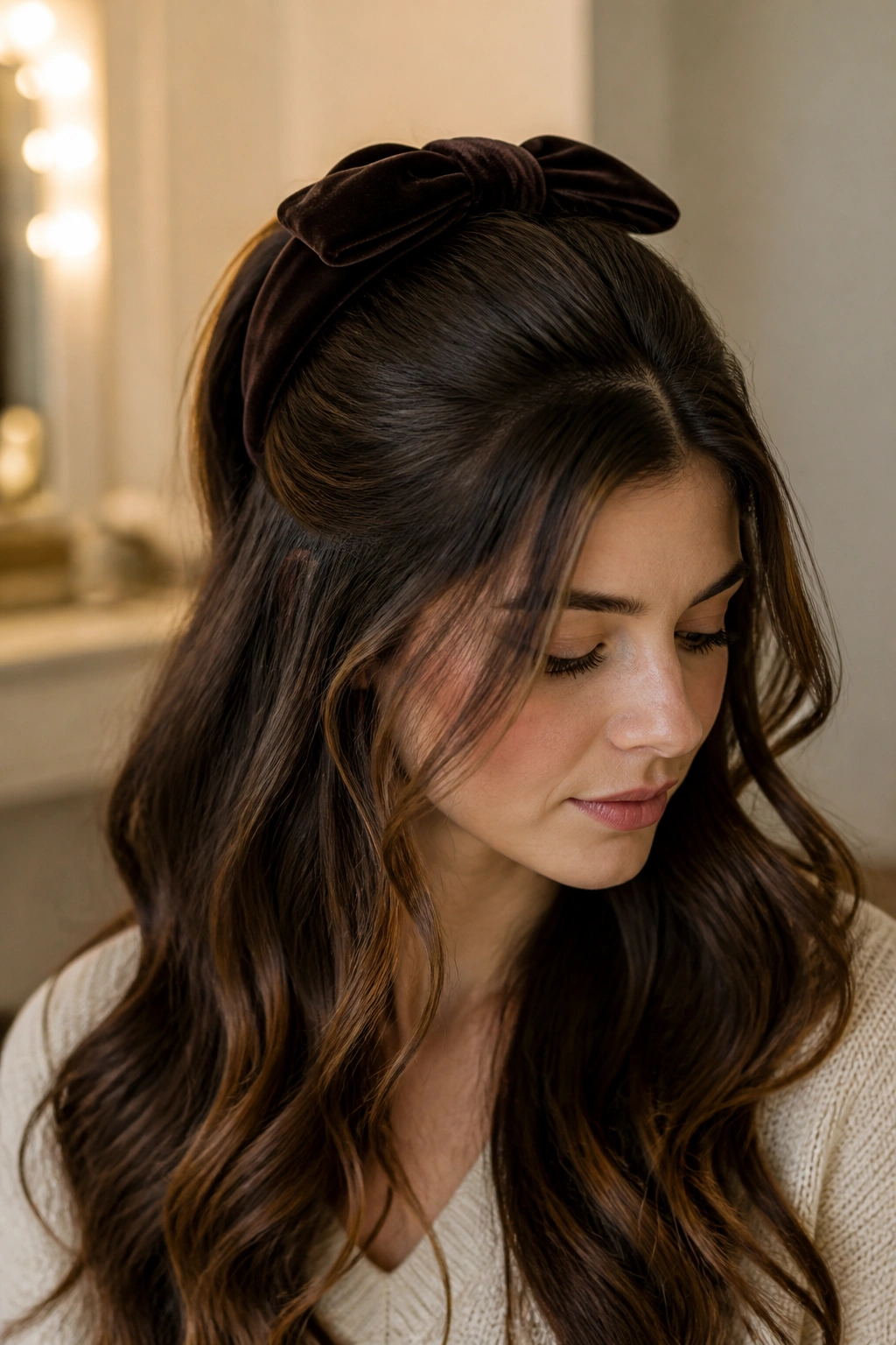 Close-up of a real woman wearing a velvet ribbon half-pullback with waves in long hair.