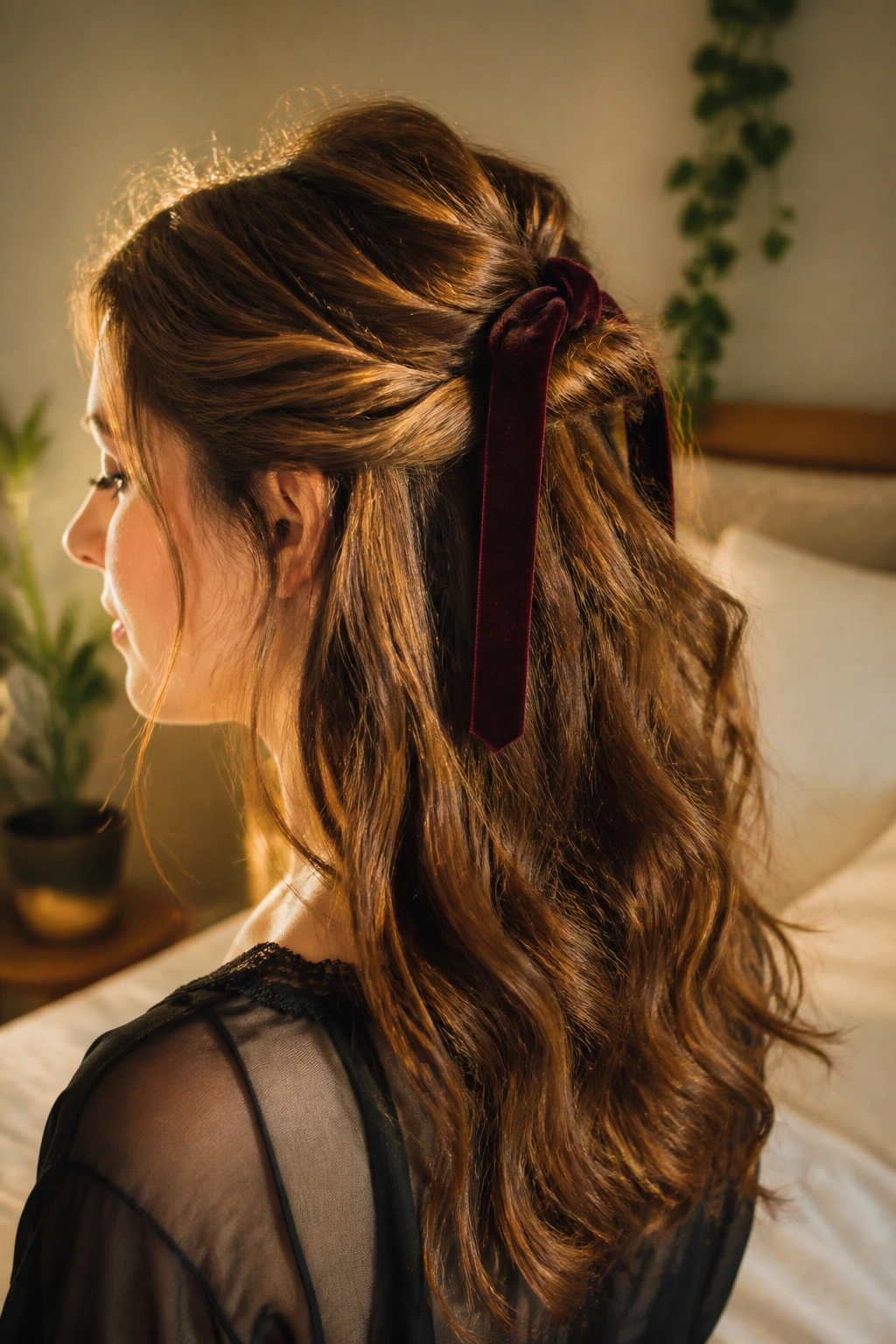 Close-up of a real woman wearing a velvet ribbon half updo