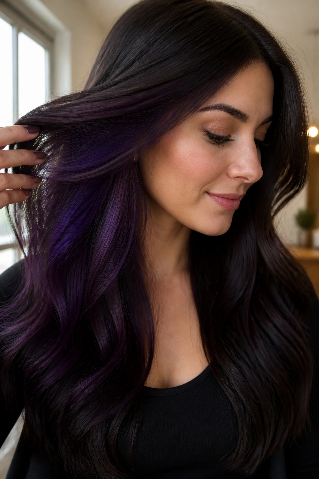 Close-up of real woman with velvet violet underlayer revealed on long hair
