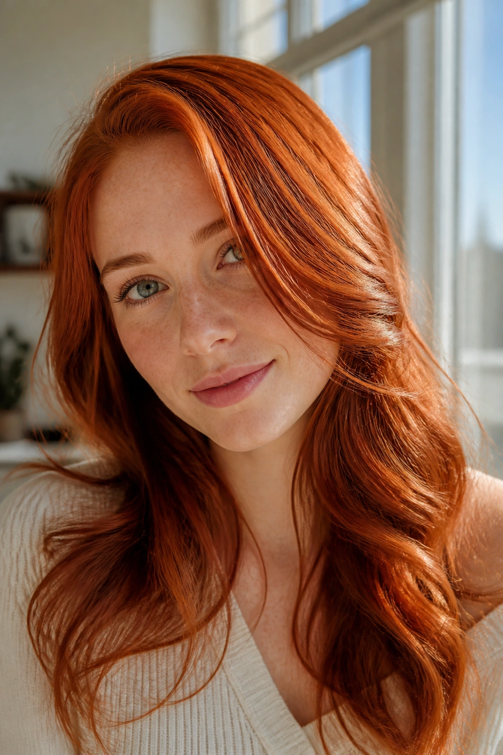 Close-up portrait of a real person with copper-toned Venetian red hair in a sunlit room