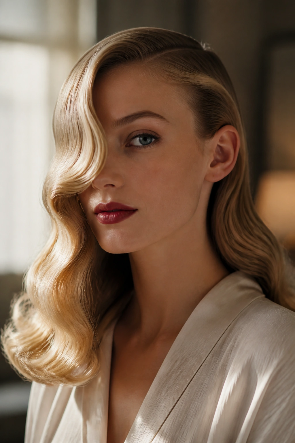Profile of woman with Veronica Lake waves over one eye
