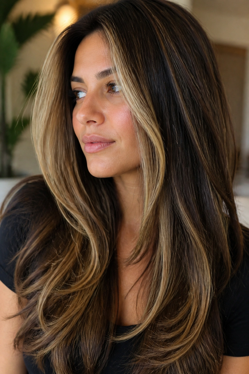 Portrait of long brown hair with vertical blonde ribbons through the length