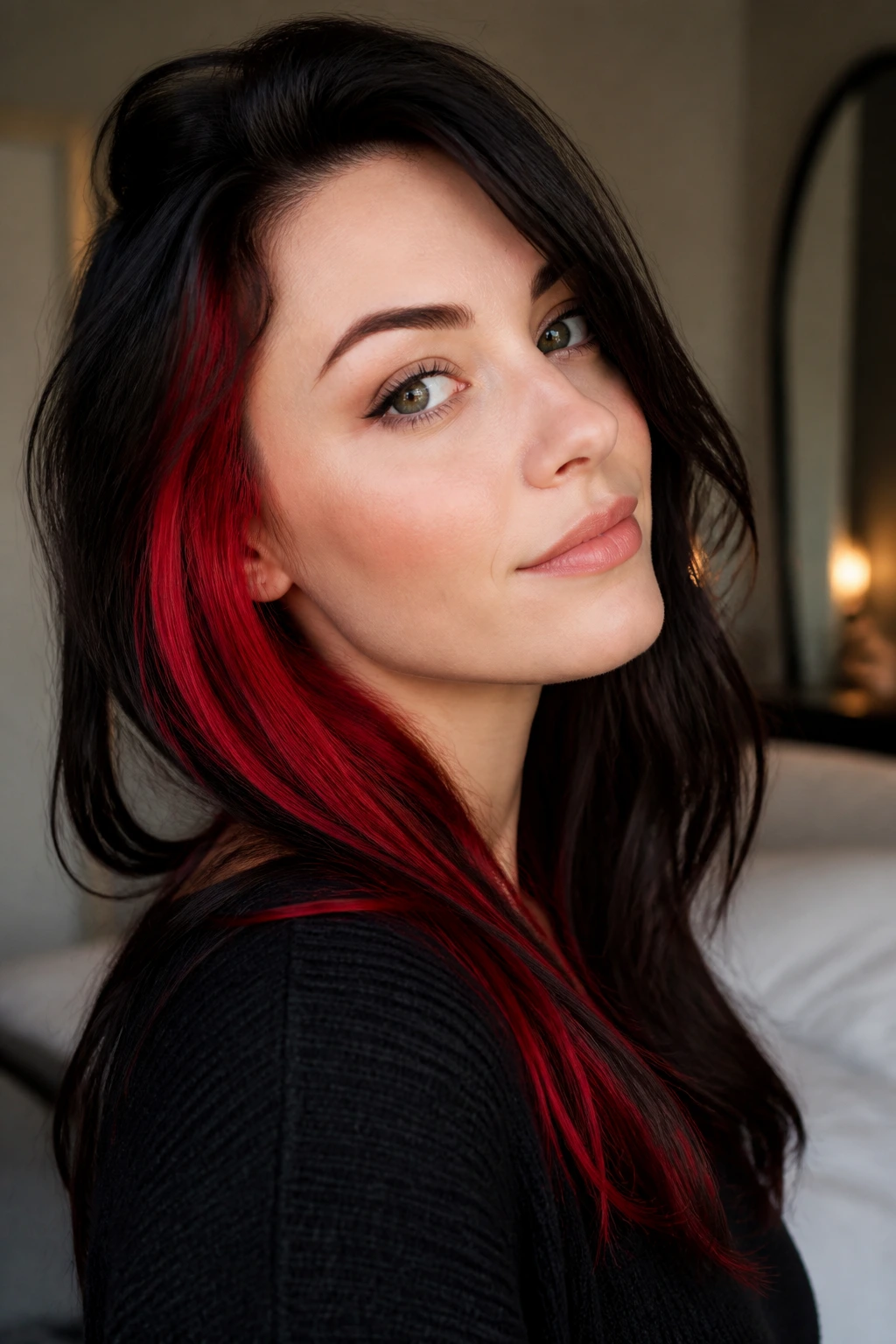 Close-up portrait of a real woman with vibrant red peekaboo hair in warm bedroom light