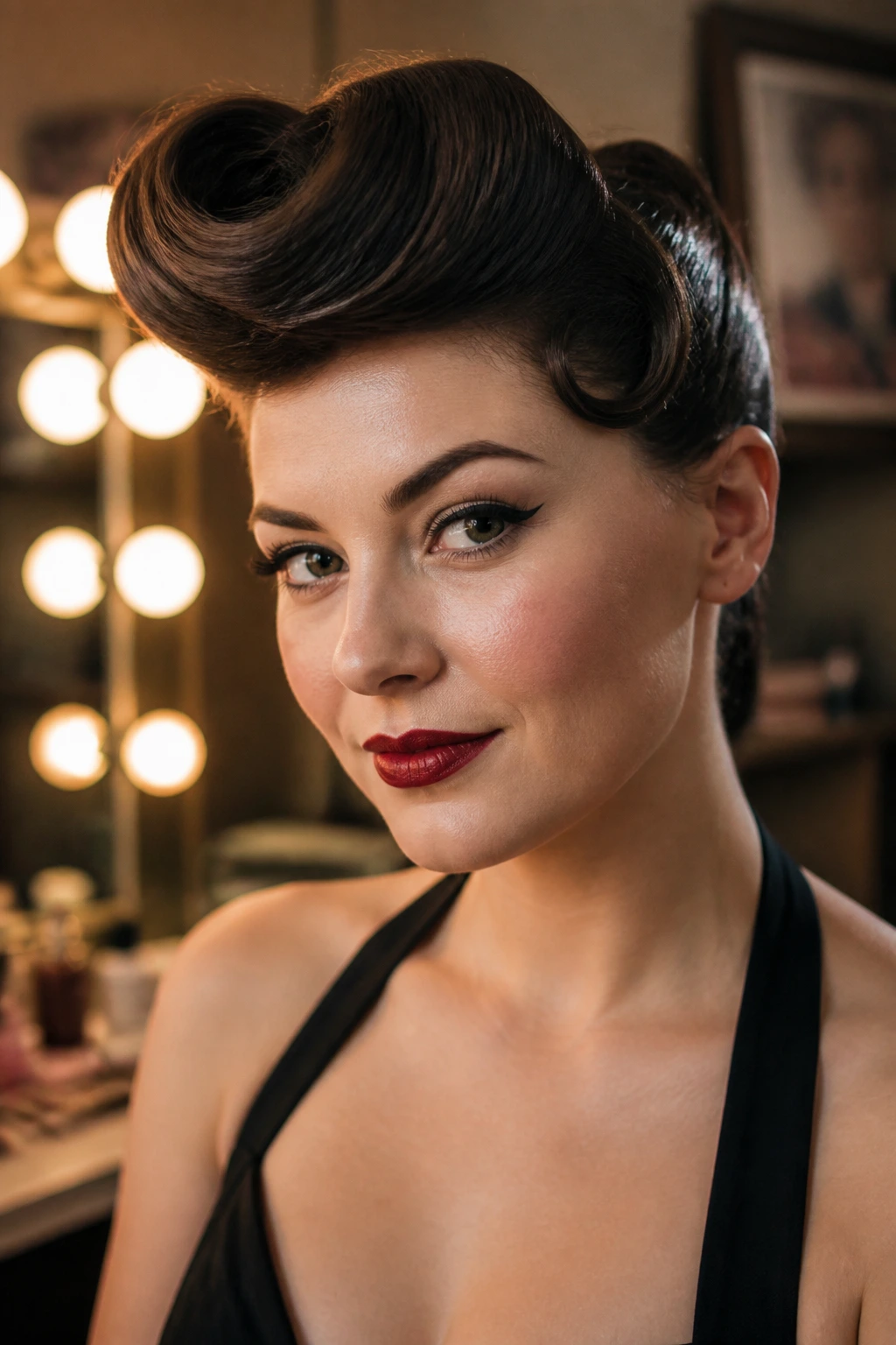 Close-up of real person with retro victory roll bangs in vintage dressing room lighting