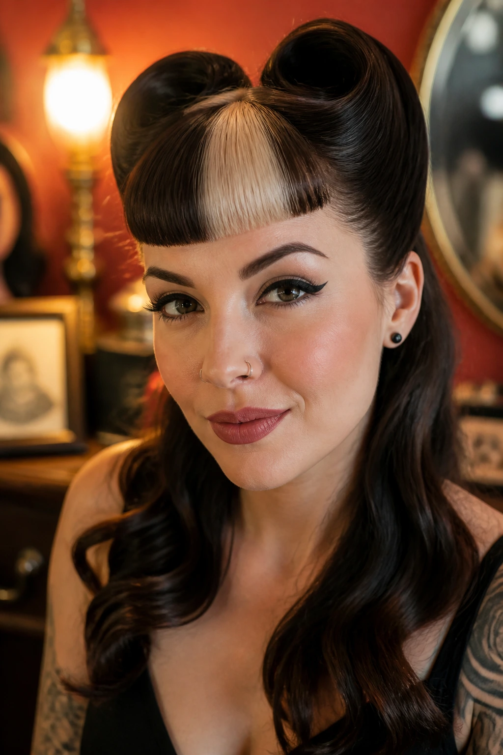 Real woman with victory roll bangs and split-color fringe on dark brown hair