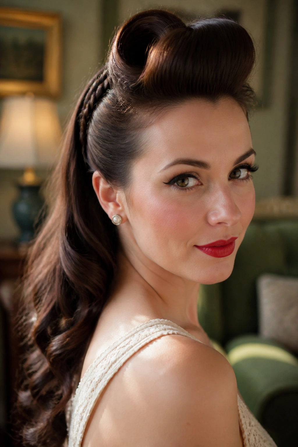 Close-up of a real woman with a victory roll and a braided detail at the hairline.