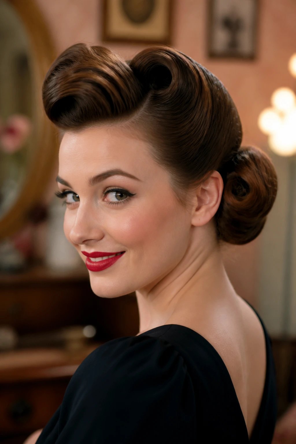 Portrait of a real woman displaying front victory roll and back bun in a retro setting.