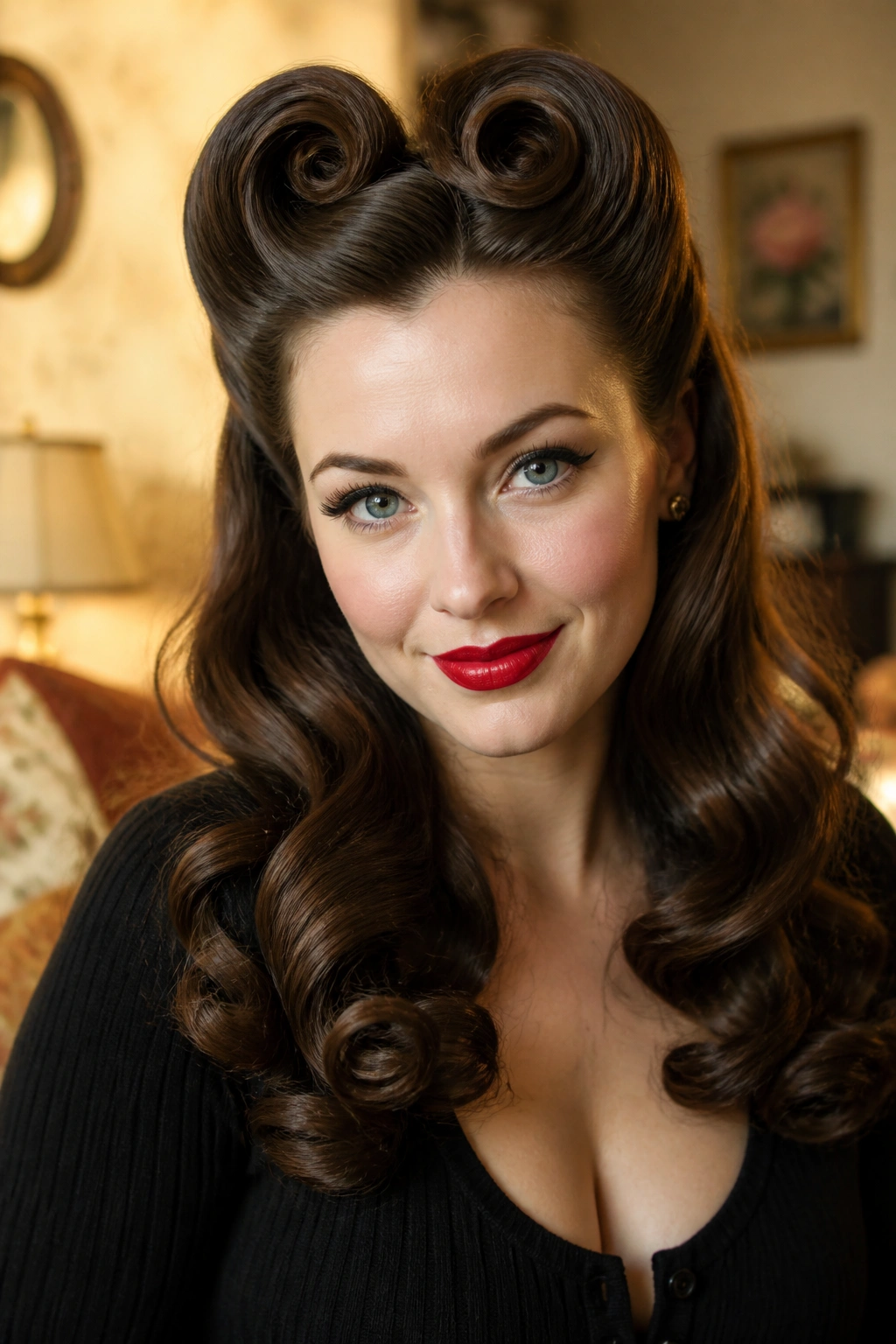Close-up portrait of a real woman with victory roll crown and loose Hollywood waves.
