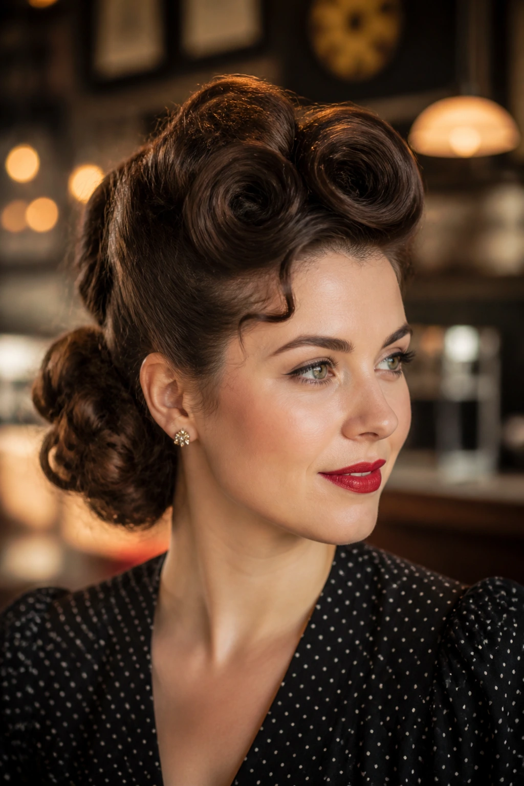 Close-up portrait of a real woman with victory roll-inspired curly updo