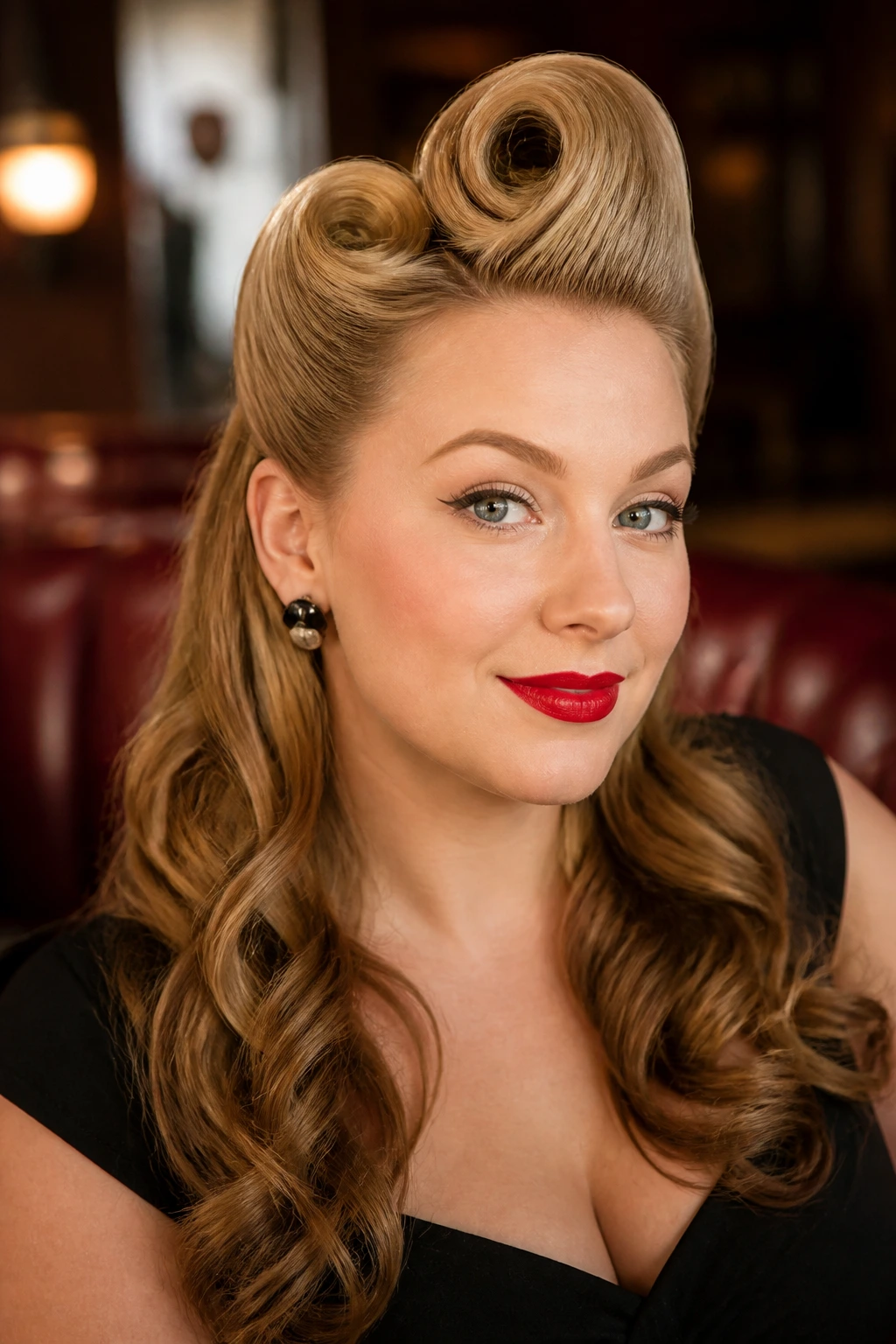Portrait of a woman with victory rolls and half-up styling.
