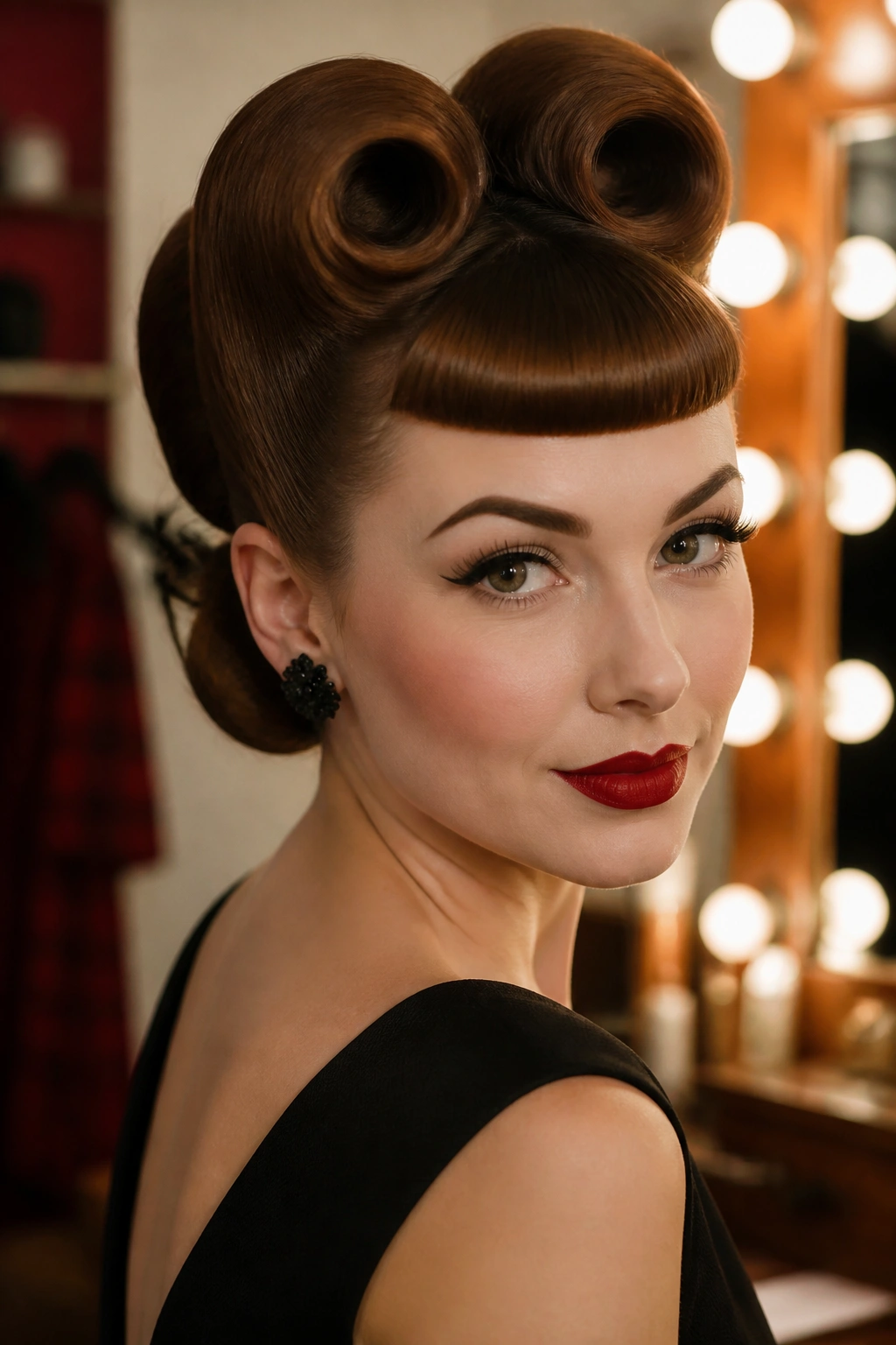 Close-up of victory roll updo with micro bangs on a real woman