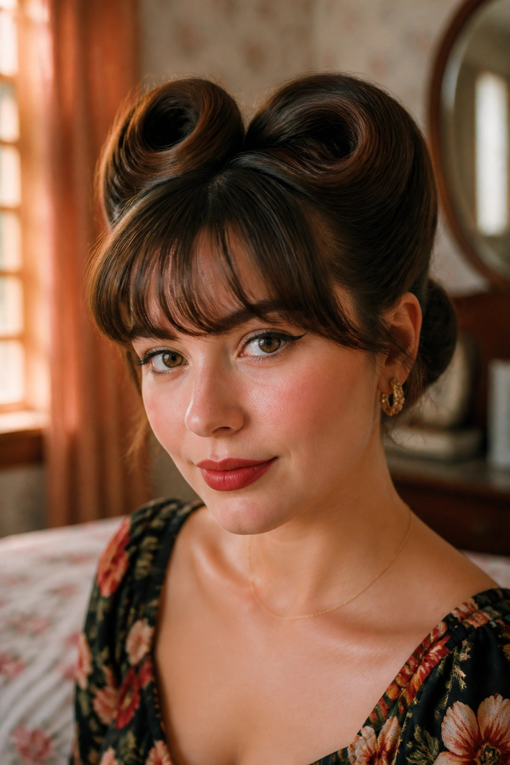 Close-up portrait of a woman with victory rolls and soft bangs in a vintage room