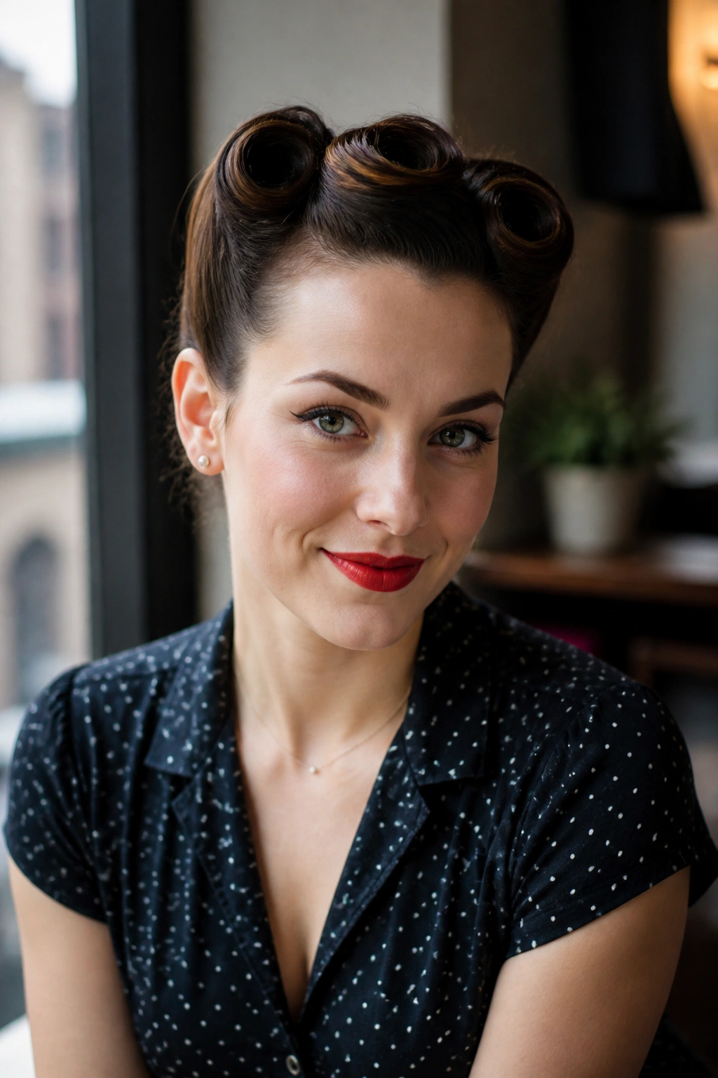 Close-up portrait of a woman with small, everyday victory rolls