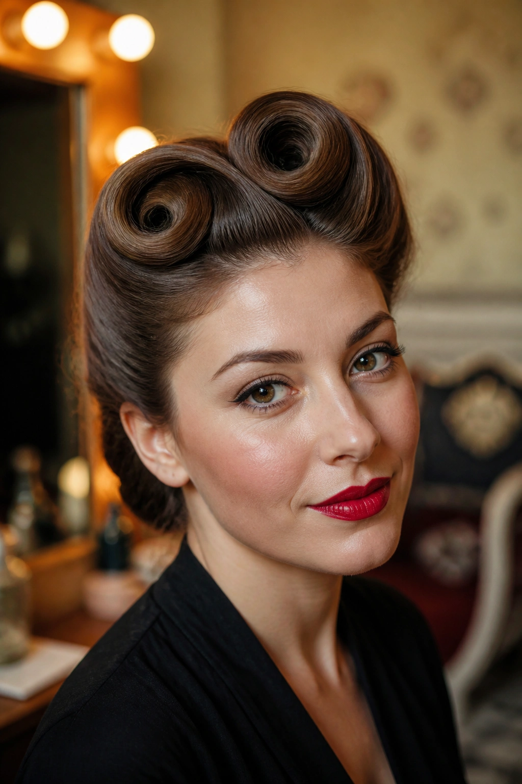 Close-up of a woman with fuller victory rolls from hidden padding