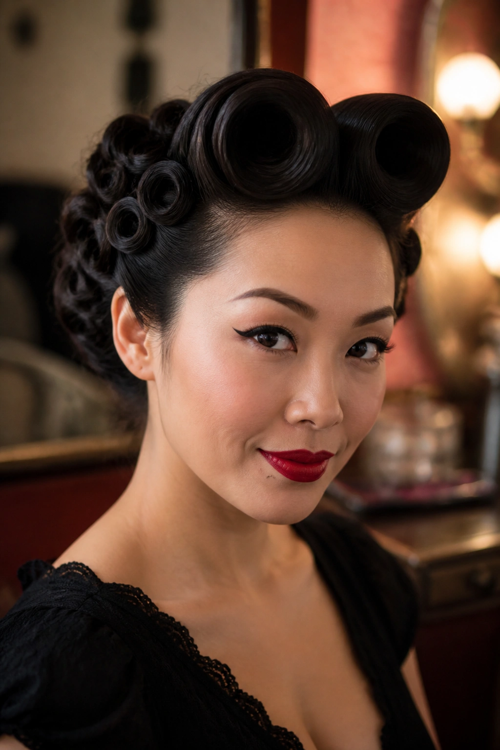 Close-up of a real woman with victory rolls framed by tight pin curls