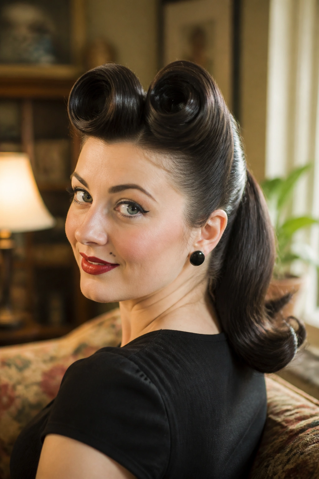 Portrait of victory rolls with sleek ends on a real person.
