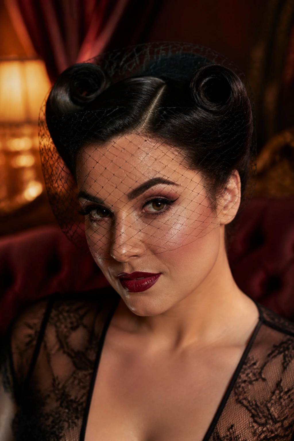 Close-up of a real woman wearing victory rolls and a black net veil