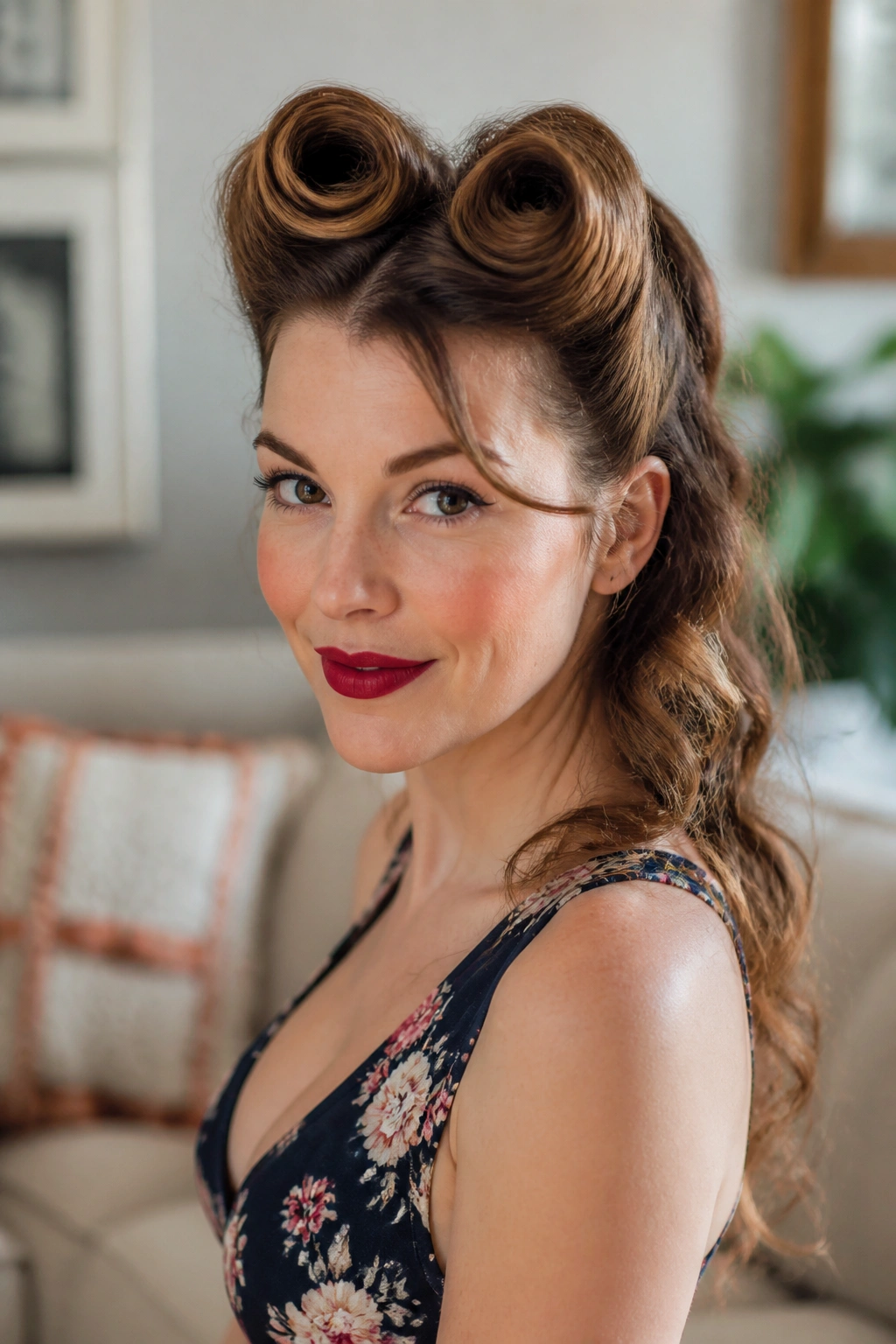 Real woman with victory rolls and loose back waves close-up