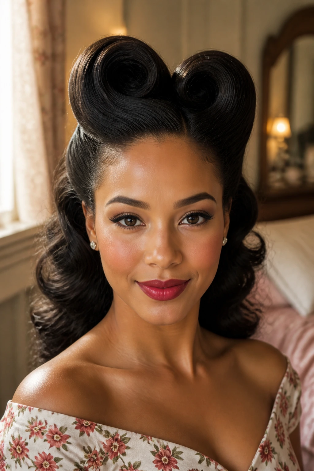 Close-up of a real woman with classic victory rolls in relaxed hair